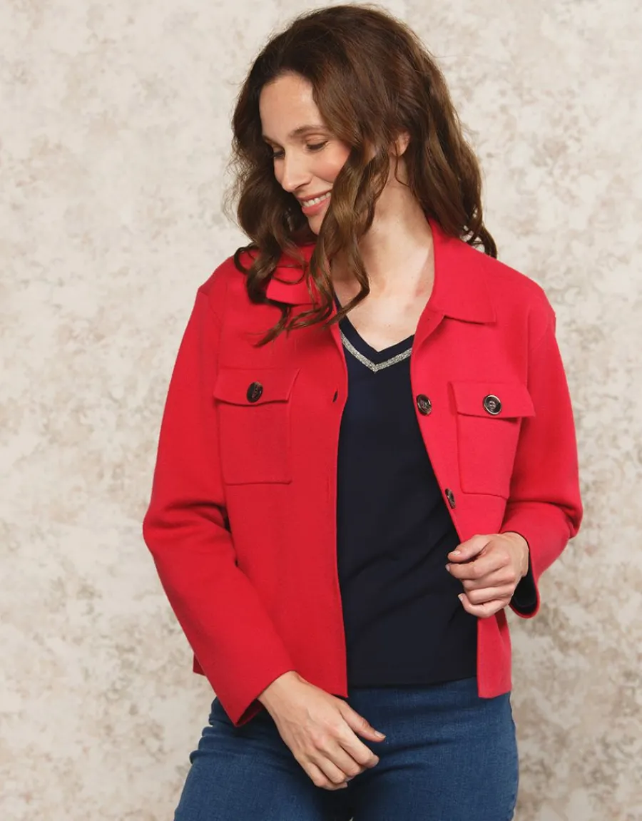 Christine Laure Gilets|Maille*Gilet col chemisier rouge