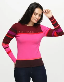 Christine Laure Pulls|Maille*Pull rayé fuchsia prune